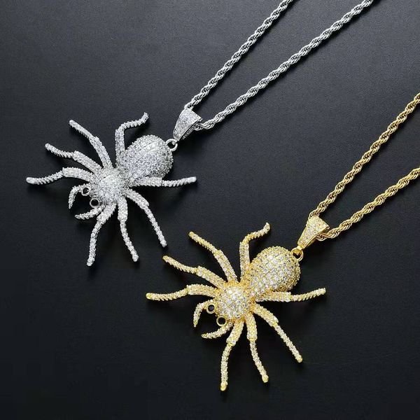 

hip hop spider necklaces for men women luxury animal insect diamonds pendants 18k gold plated copper zircons chain jewelry lovers gifts, Silver