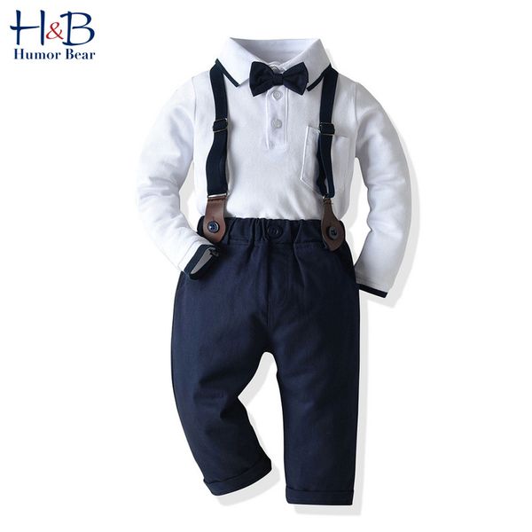 

humor bear boys clothing sets children's spring & autumn gentleman long sleeve shirt +strap trousers + bow 3pcs kids clothes, White