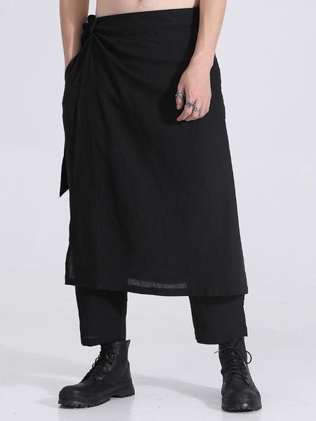 

men's pants trendy spring personalized skirt fashion fake two-piece stylist casual men trousers, Black