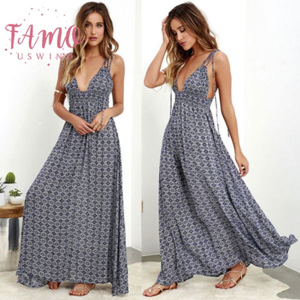 

vintage geometric women spaghetti strap print summer dress boho backless long maxi dress beach holiday party women dresses, Black;gray
