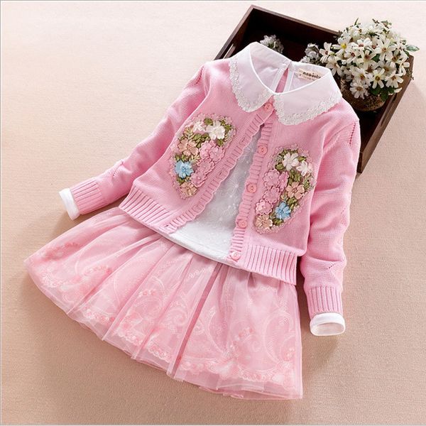 

girls clothing sets cotton sweater 3pcs/set coat+t-shirt + skirt autumn long sleeve flower kids clothing sets 4-9 years old t200413, White