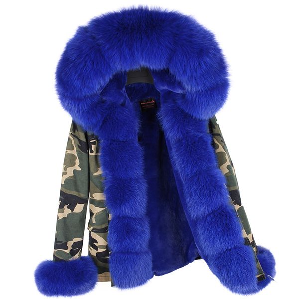 

fashion lavish royal blue fox fur trim maomaokong brand royal blue rabbit fur lining mini camouflage parka snow women jacket, Black
