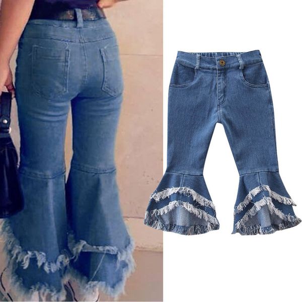 

children toddler kids baby girls flare pants denim tassel clothes jeans pants, Blue