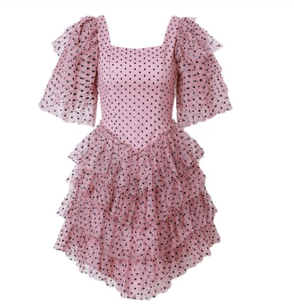 Abito rosa elegante con stampa a pois e volant a strati in maglia con torta Abiti da donna Abito estivo corto dolce senza schienale con maniche corte a farfalla sexy