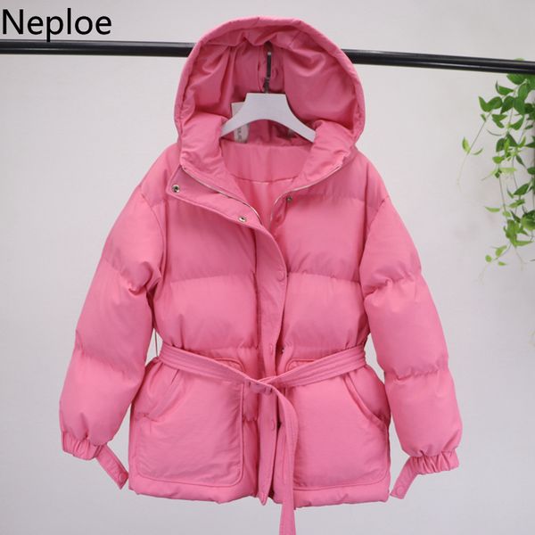 

neploe korean winter mid long thicked cutton coat slim waist lace up hooded parkas slim long sleeve casual casaco femnino 46935, Black