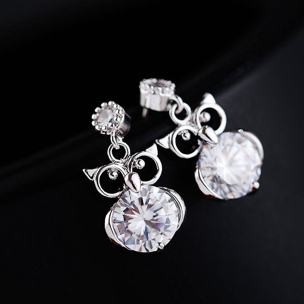 

cute female owl animal stud earrings creative silver gold color party earrings fashion white zircon wedding for women, Golden;silver