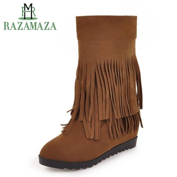 

razamaza size 34-43 4 colors woman mid calf boots warm plush fur woman short boots korean winter shoes female winter shoes, Black