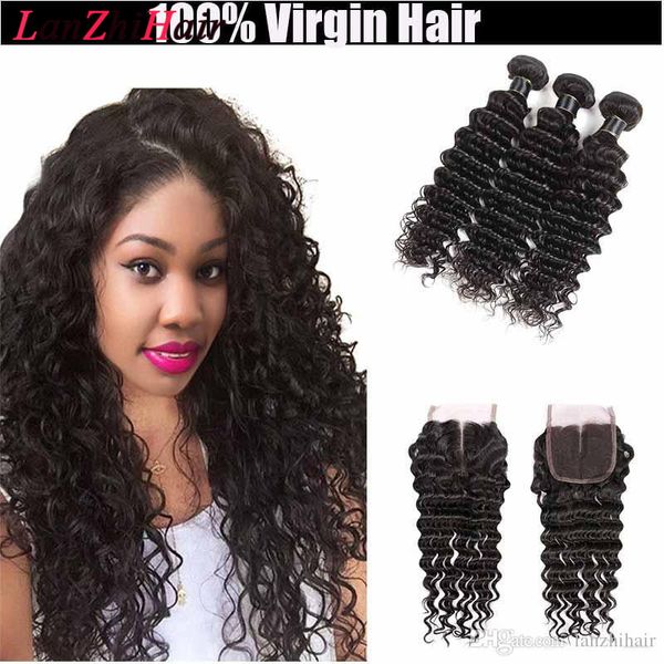 

8 remy человеческих утких волос глубокой волна с кружевом закрытия бразильского remy человеческих волос переплетений с deep wave шнурок закр, Black;brown