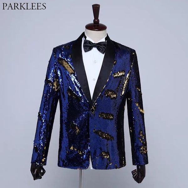 

royal blue one button sequin jacket men shawl collar slim fit glitter blazers male wedding party prom stage blazer masculino 3xl, White;black