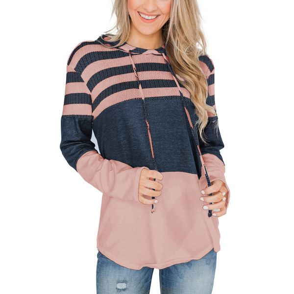 

womens clothing knitting sweater hoodies long sleeve drawstring casual sweatshirts pullover splice, Black