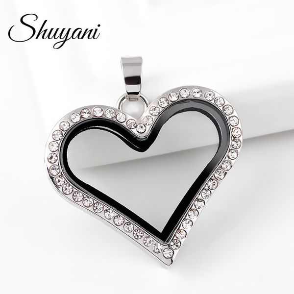 

10pcsyani jewelry fashio jewelry 30mm floating heart locket pendant with rhinestones magnetic p glass living memory locket, Silver
