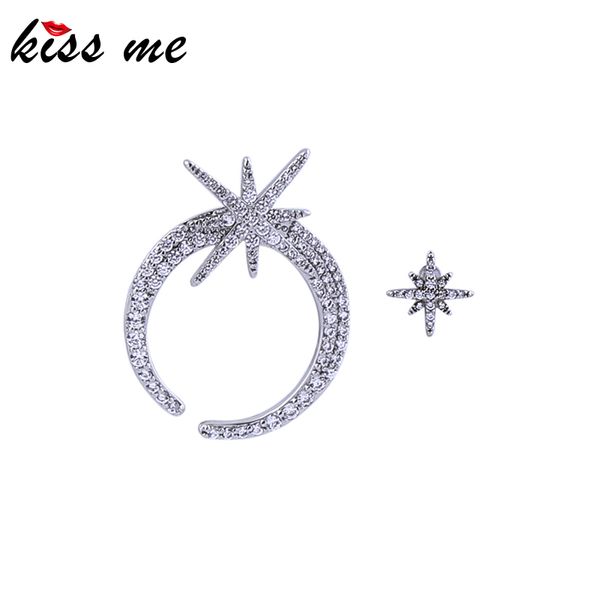 

kissme asymmetric women stud earrings exquisite zircon moon star white gold color brass ear pins gifts fashion jewelry wholesale, Golden;silver