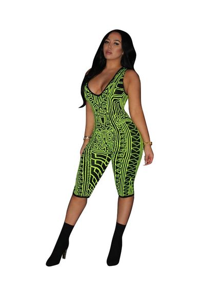 

women's sleeveless printed bodycon jumpsuits romper deep v neck short pants clubwear, Black;white