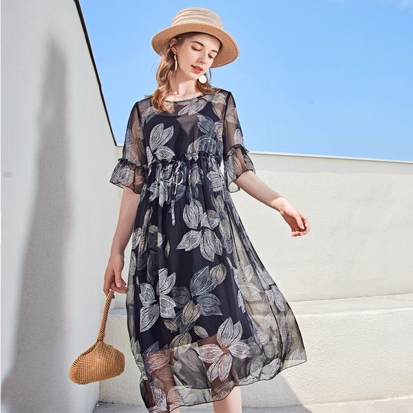 

party dresses summer dress 2021 fine silk women's high-end printed drawstring five-point sleeve long the maxi, White;black