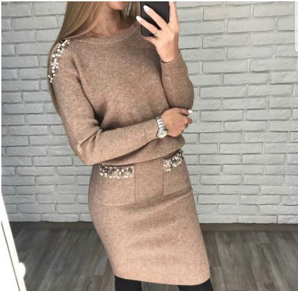 

women two piece set peals sweater skirt suits long sleeve off shoulder pullovers elegant woman knitted jumpers skirts set, White