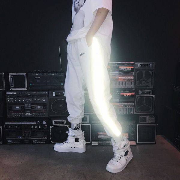 

black white reflective pants casual loose boy pant retail wholesale elastic cord noctilucence trousers for man