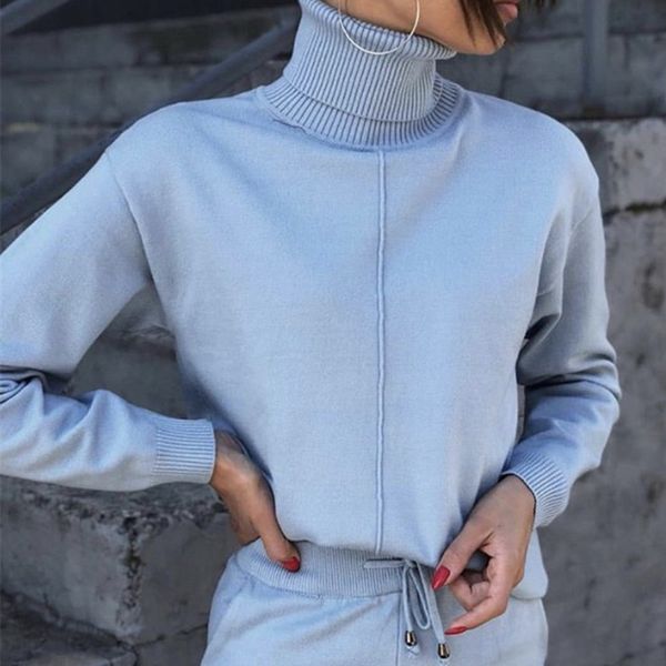 

women suit track costume 2 pieces sets autumn winter turtleneck pullovers and long knitted pants knitted suits, White