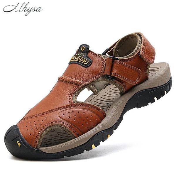 

mhysa 2020 new summer sandals men breathable genuine leather sandals man flats fashion casual beach men's shoes, Black
