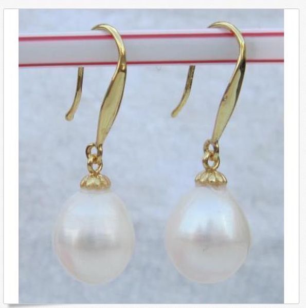 

huge 10-12mm natural south sea white pearl earrings 14k solid gold, Golden;silver
