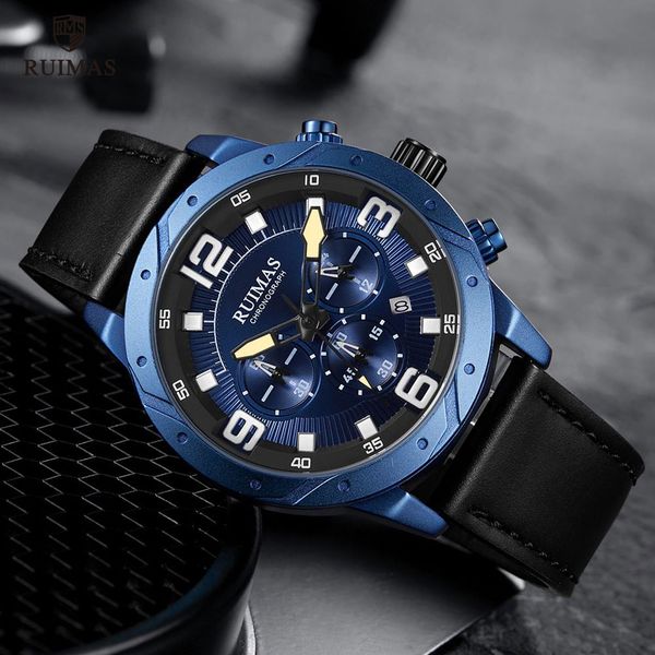 Ruimas Mens cronógrafo Risks Luxury Leather Strap Analog Wristwatch Man Top Brand impermeável Relógio Male Relógios Relógio 595