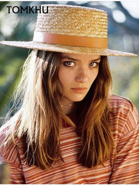 

summer handmade natural wheat-straw women sun hat with leather strap wide brim flat hats men beach solid caps sun, Blue;gray