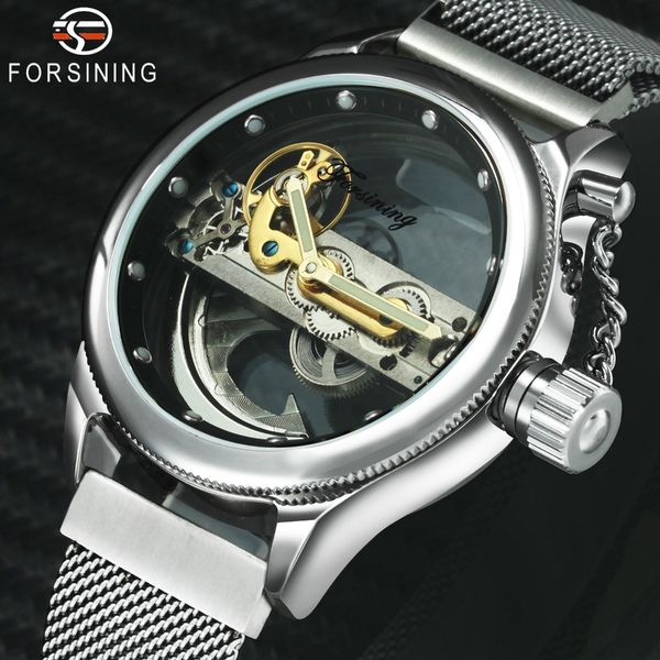 

forsining classic business golden bridge auto mechanical watch men transparent case magnet strap mens watches top, Slivery;brown