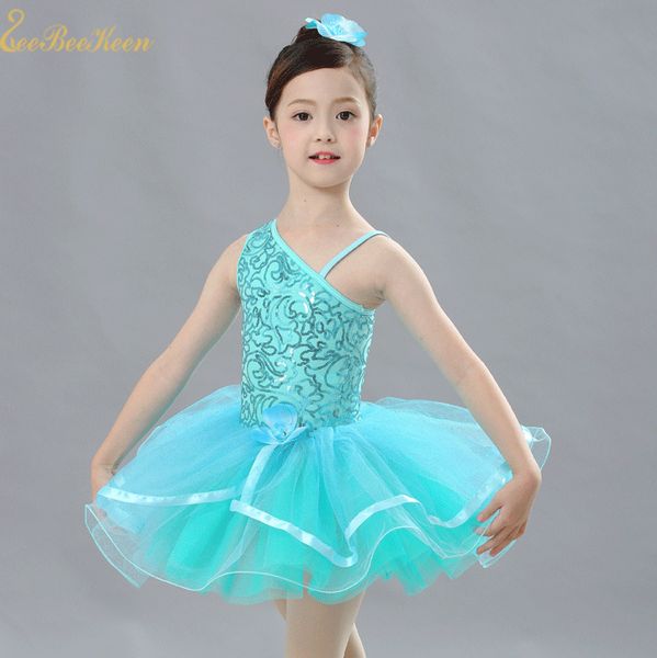 

tutu ballet for girls blue slanted shoulder sequins stage performance ballet dress for child modern costume dance dress, Black;red