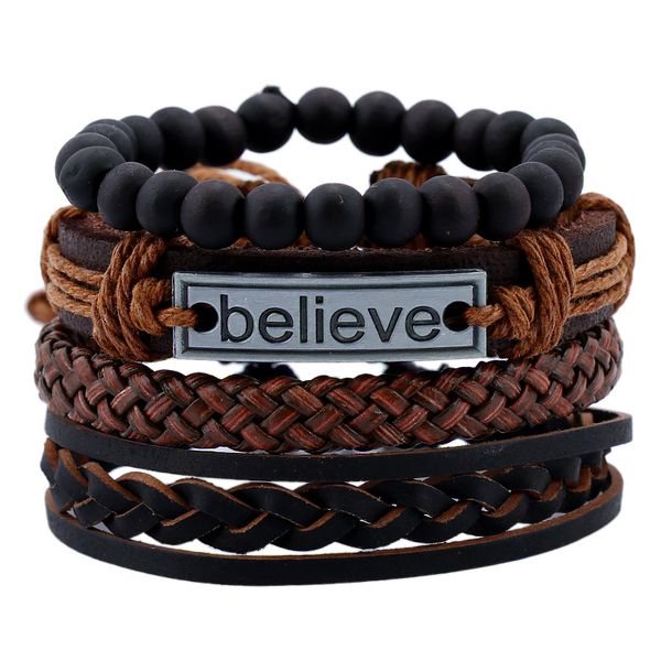 

4pcs/set mens vintage leather believe charm bracelet sets braided leather rope black beads chains warp bangle for women fashion punk jewelry, Golden;silver