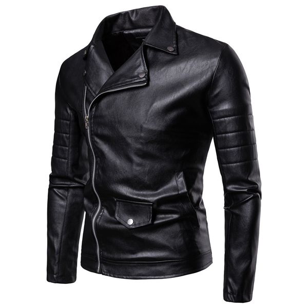 

2019 autumn and winter new style western style men solid color oblique zipper cardigan fold-down collar leather coat men's fashi, Black