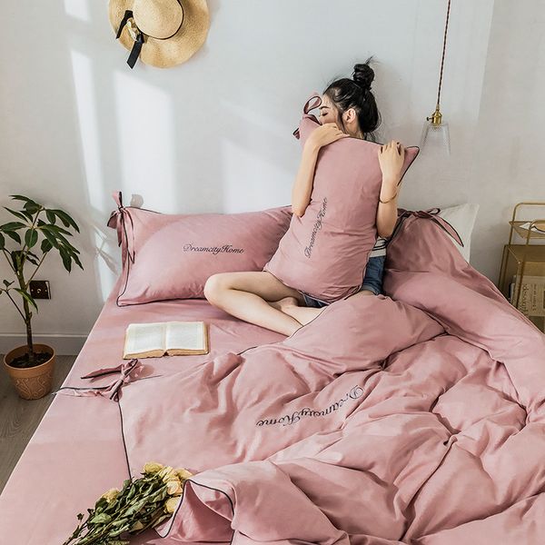 

claroom solid color pink bedding set cute bow bed linen comforter bedspreads bed sheet set  king size pl69#