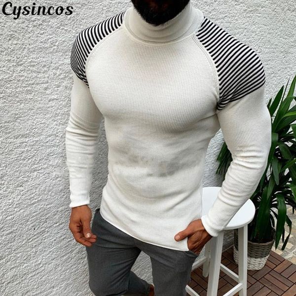 

cysincos turtleneck sweater autumn winter men's sweater men's solid color casual slim fit brand knitted pullovers 2020 new, White;black