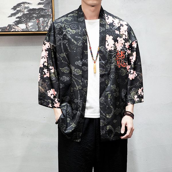 

2019 china wind loose coat long tu auspicious clouds kimono cardigan cloak male streetwear hip-hop trench coat men, Tan;black