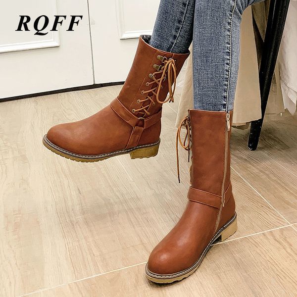 

2019-2020 winter ankle boots for women plus size 42 43 fashion med heel shoes woman zipper round toe cross-tied handmade, Black