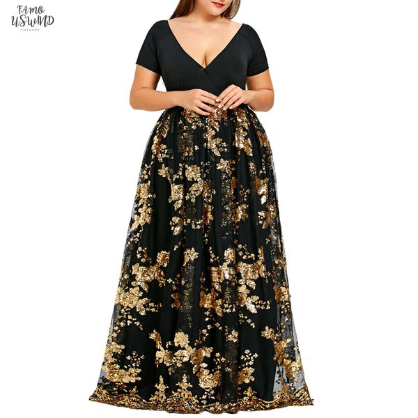

new summer fashion large size v neck short sleeved flower sequin mesh dress simple fashion comfortable maxi dress summer, Black;gray