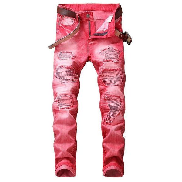

mens designer jeans distressed motorcycle biker jeans rock revival hole skinny jeans slim ripped hole straight men denim pants size 29-42, Blue