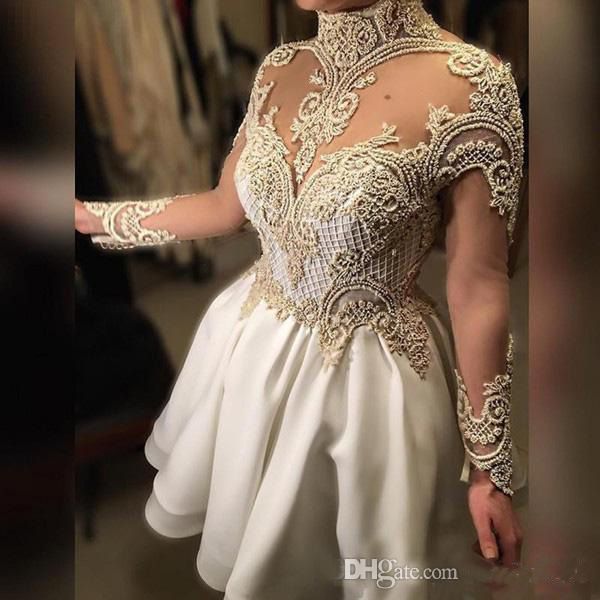 

2019 high collar ball gown cocktail dresses mini sheer neck lace appliqued illusion long sleeves backless prom gowns, Black