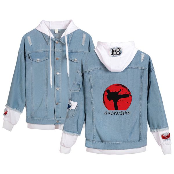 

kyokushin denim jean stitching jacket men/women new fashion jeans hoodie wear clothes kyokushin hoody autumn winter all-match, Black;brown