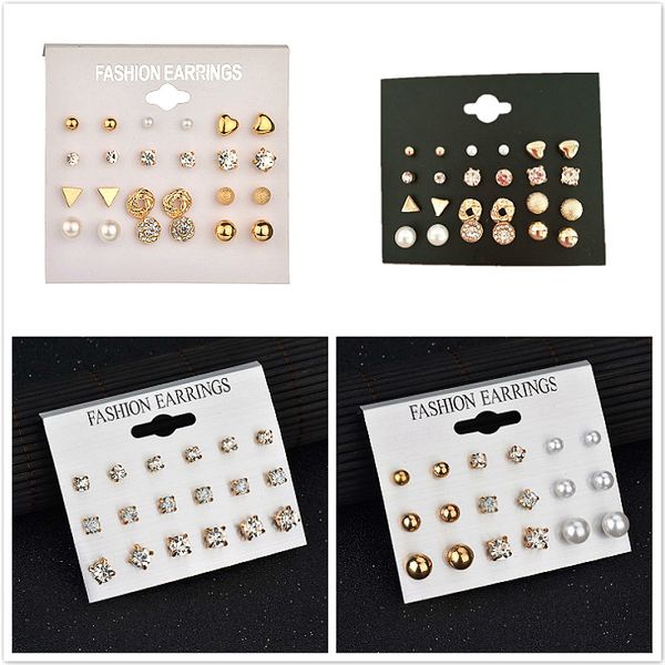 

12 pair/set women square crystal heart drop dangle earrings for women piercing simulated pearl flower earrings, Silver