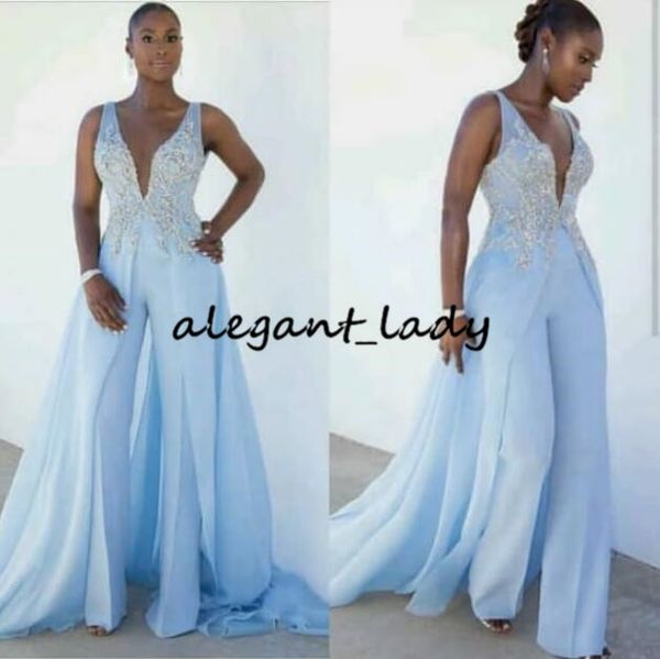 

sky blue prom jumpsuit with train 2020 v-neck lace beaded chiffon outfit full length jumpsuits for women evening party dress, Black;red