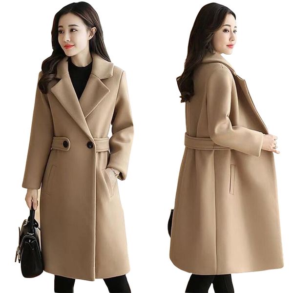

korean autumn female wool coat 2019 winter clothes wool coat belt slim women fashion double-breasted jacket elegant blend, Black