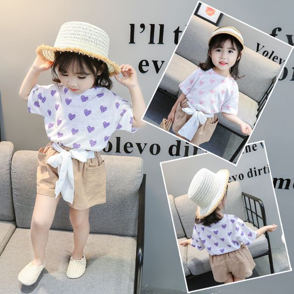 

kids designer clothes girls2020 summer new korean-style lovely short-sleeved t-shirt casual shorts two-piece bow set a generation of hair, White
