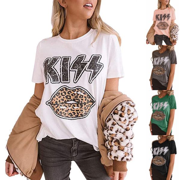 

women's kiss letter print leopard lips round neck short sleeve t-shirt, White