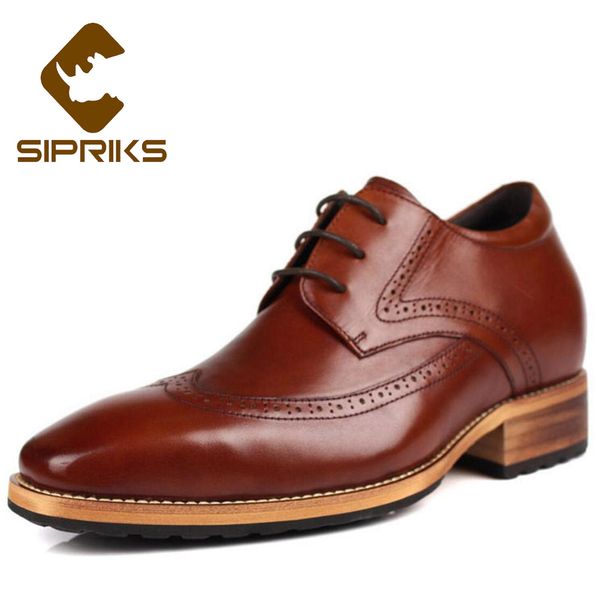 

sipriks brown leather hidden heel shoes men oxfords elevator 8 cm boss male retro brogue shoes elegant black gents suit