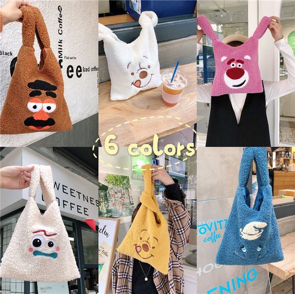 

raged sheep cartoon cute girls fashion women's plush large capacity shopping bags casual canvas ladies tote satchel foldable bag