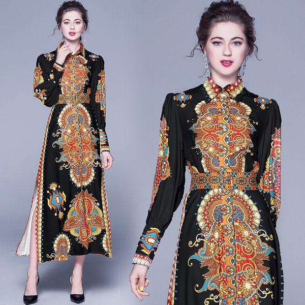 

luxury baroque print designer dress women long sleeve lapel neck party prom ladies black runway dress elegant office button shirt dresses, Black;gray