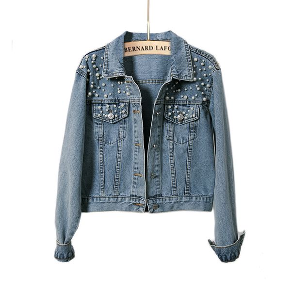 

loose turn-down collar autumn beaded street dating with pocket women jacket casual daily denim long sleeve shopping spring, Black;brown