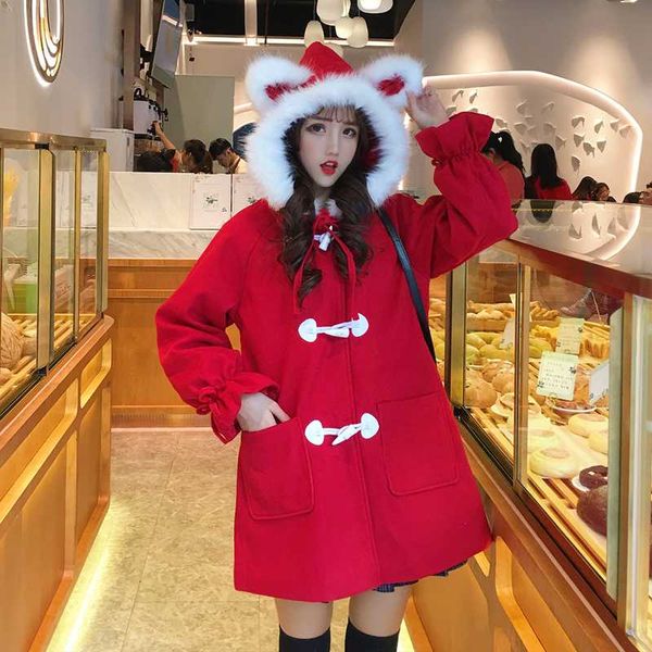 

new year's big red coat women's lovely wool collar, ox horn buckle, medium long woolen coat in spring and winter, Black