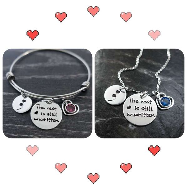 

the rest is still unwritten" semicolon necklace+bracelet suicide awareness pendant necklaces dropshipping can choose birthstone, Silver