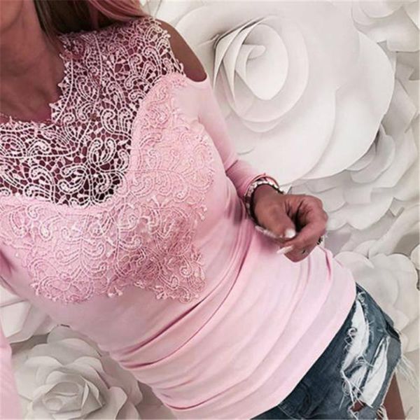

sweet lace t-shirt women off the shoulder pink slim fit tees ladies o-neck autumn casual elegant t-shirts women clothes, White
