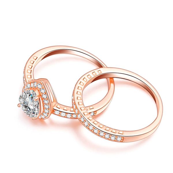 Frauen Hochzeit Regenbogen Paar Herz 4CT Zirkonrosa Roségold gefülltes Verlobungsring Set Alliance